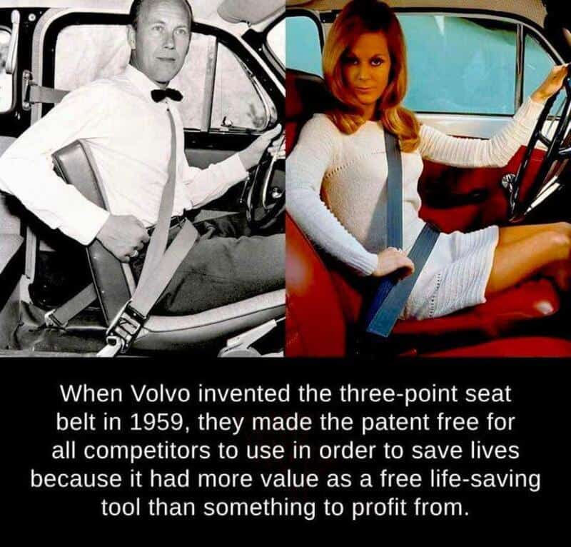 Comparison of a man and woman in car seats with text about Volvo's three-point seat belt invention.