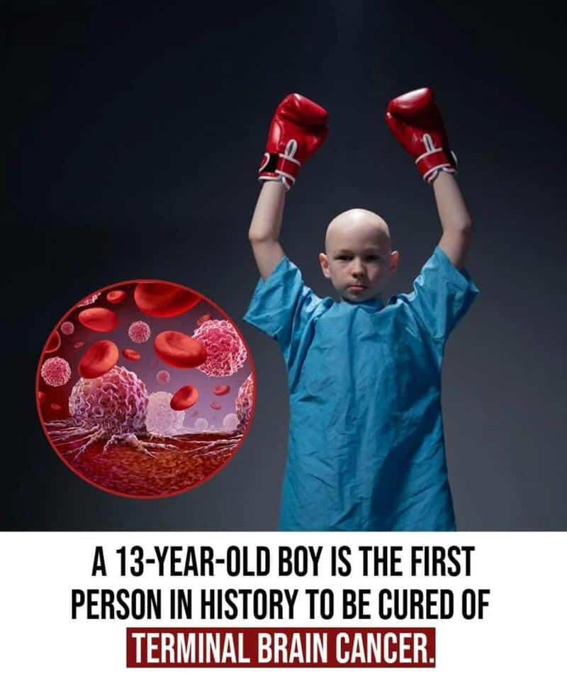 Young boy in blue medical gown and red boxing gloves raises fists, with a graphic of cancer cells.