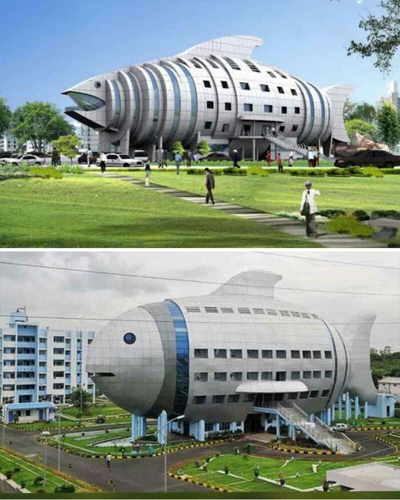 Fish-shaped building with windows and a fish mouth design, resembling a fish.
