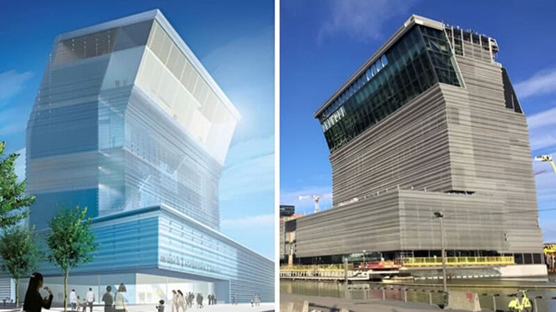 Modern building with tilted upper floors and glass facade, architecture design fail.