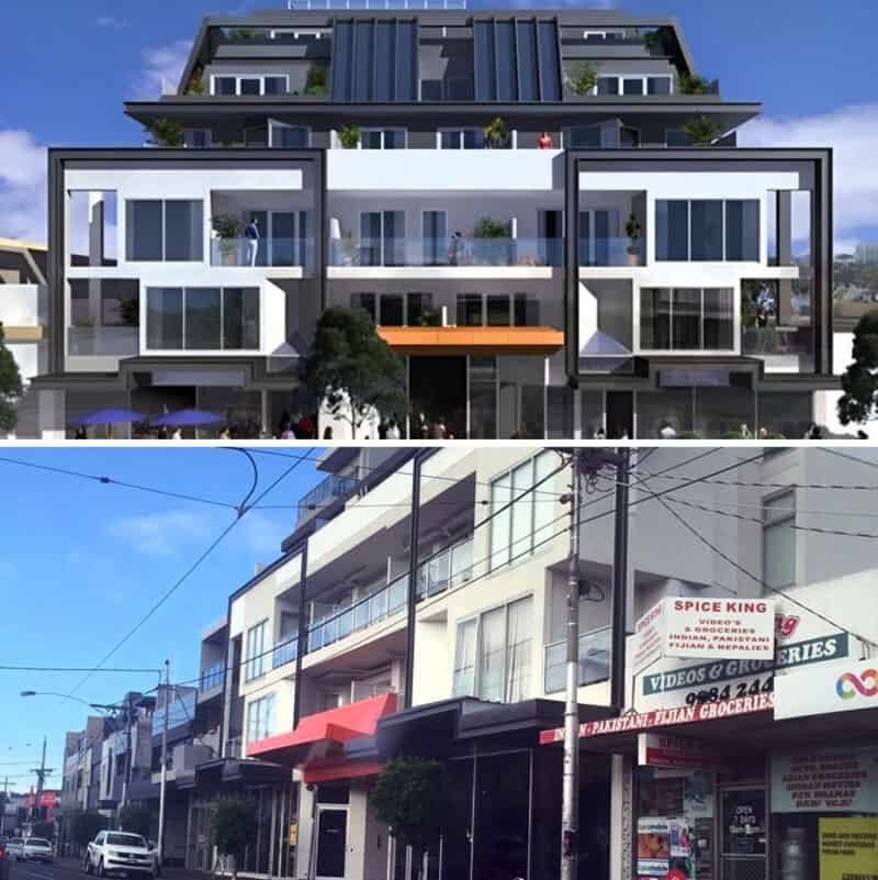 Comparison of modern building design and a cluttered street scene.