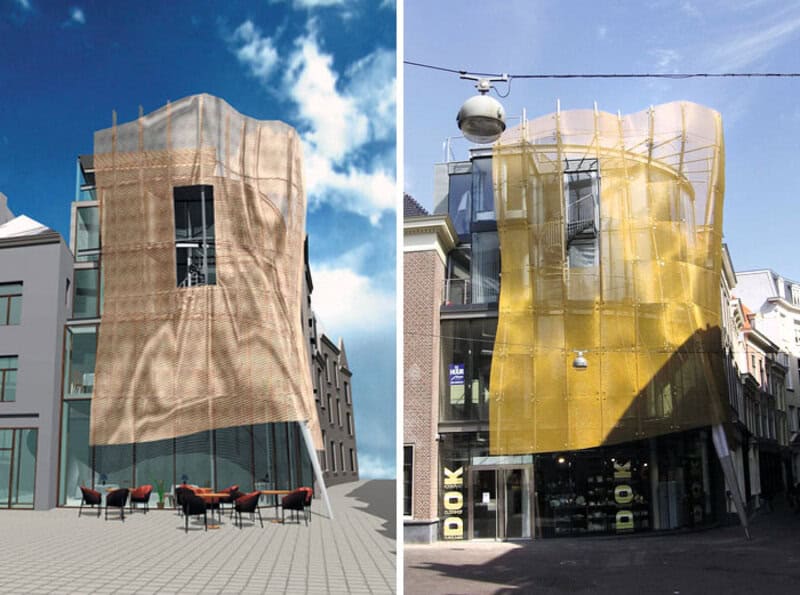 Comparison of a building under construction with a fabric cover and a finished building.