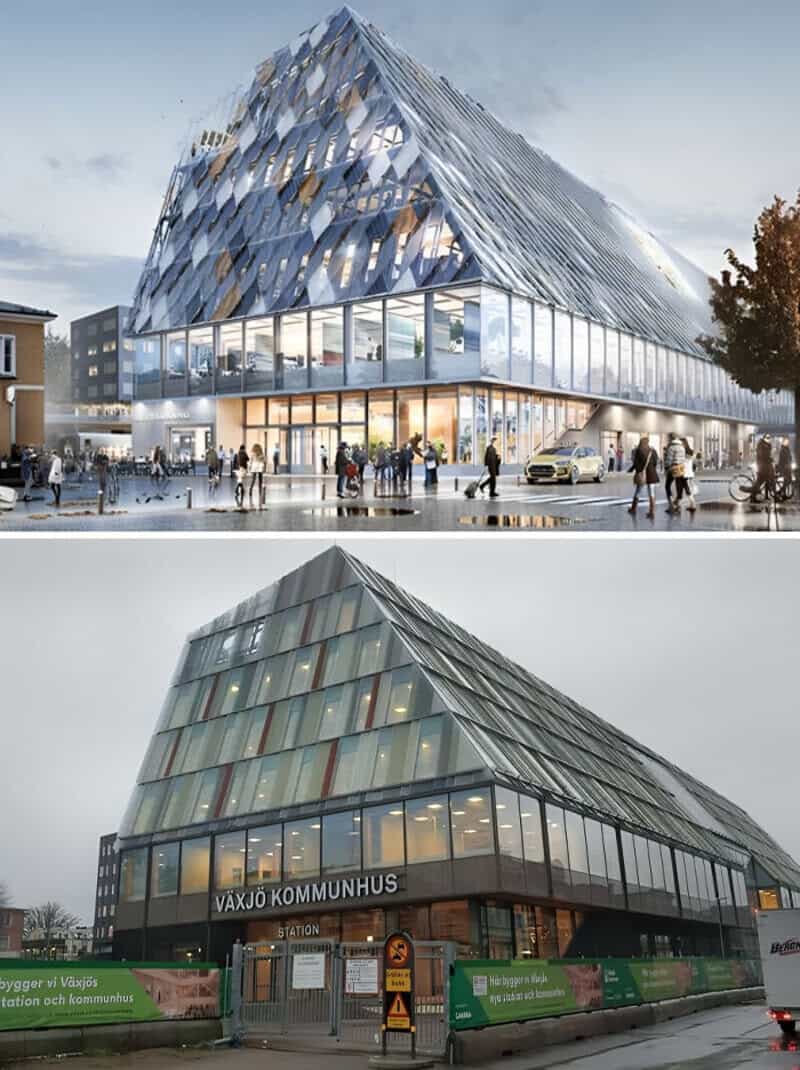 Modern architectural buildings with glass facades and people outside.