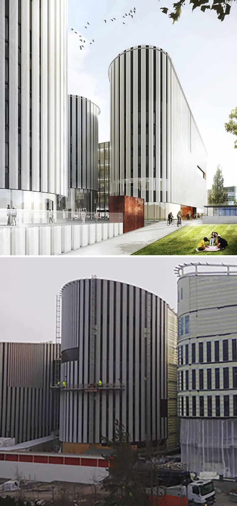 Modern skyscrapers with vertical stripes and curved shapes in an urban setting.