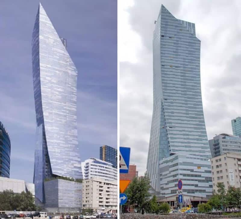 Two modern skyscrapers with twisted designs in an urban setting.