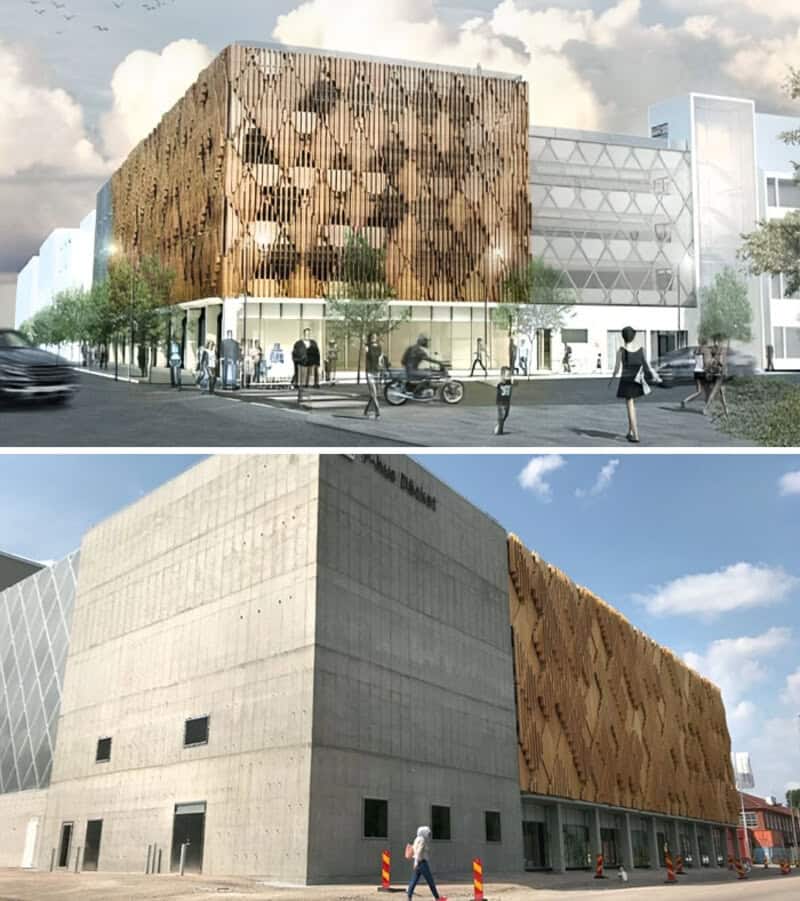 Modern building with wooden and concrete facades, people walking outside.