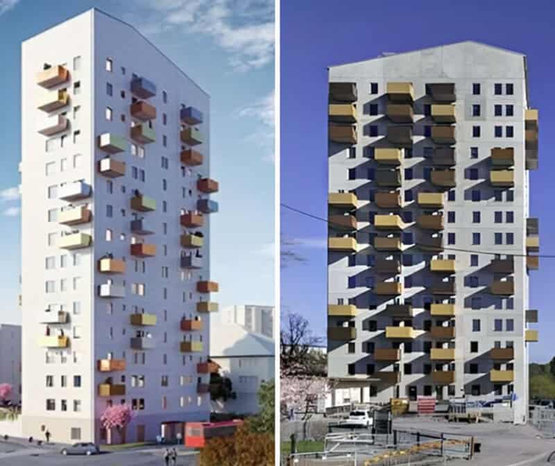 Comparison of two buildings with mismatched balconies and windows.
