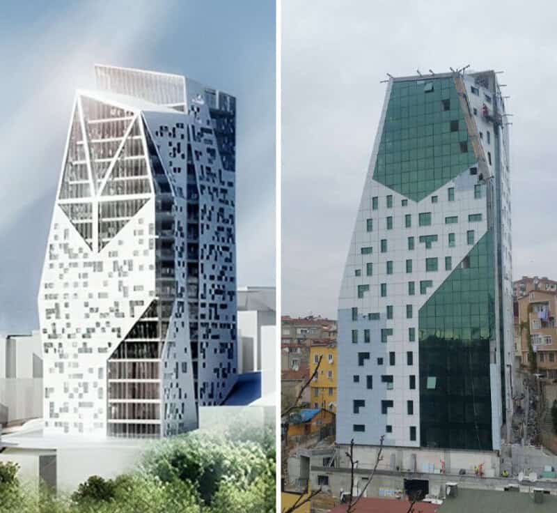 Comparison of a modern, innovative skyscraper and a poorly constructed building.