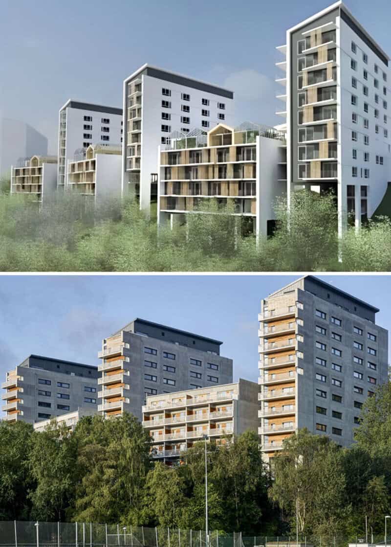 Comparison of modern apartment buildings with differing architectural styles.