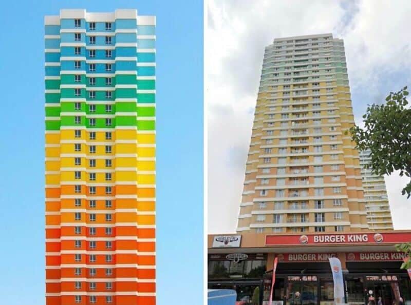 Colorful rainbow-striped high-rise building next to a beige skyscraper with Burger King at the base.