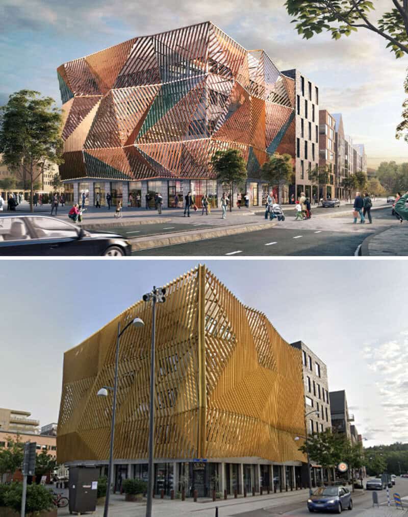 Architectural design with a geometric, wooden facade and modern building structure.