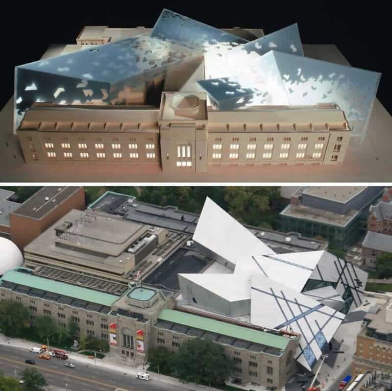 Comparison of a traditional building and a modern, angular architectural design.