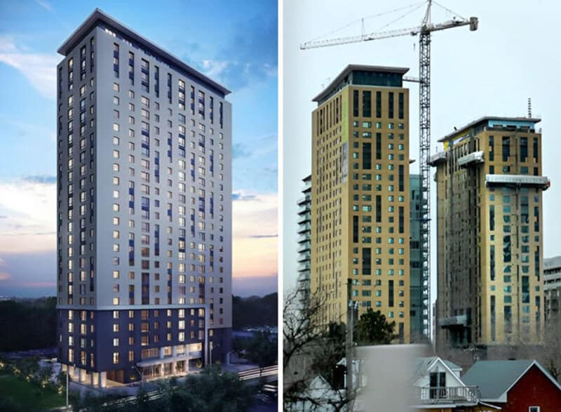Comparison of a completed modern high-rise building and under-construction buildings with a crane.