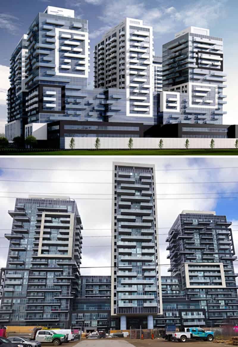 Modern high-rise buildings with geometric window patterns and unique architectural designs.