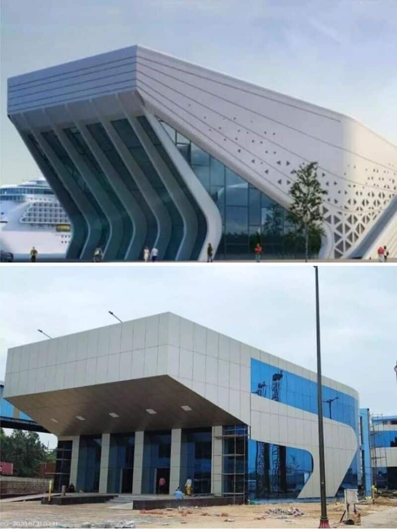 Modern building with unique angular design and glass facade.