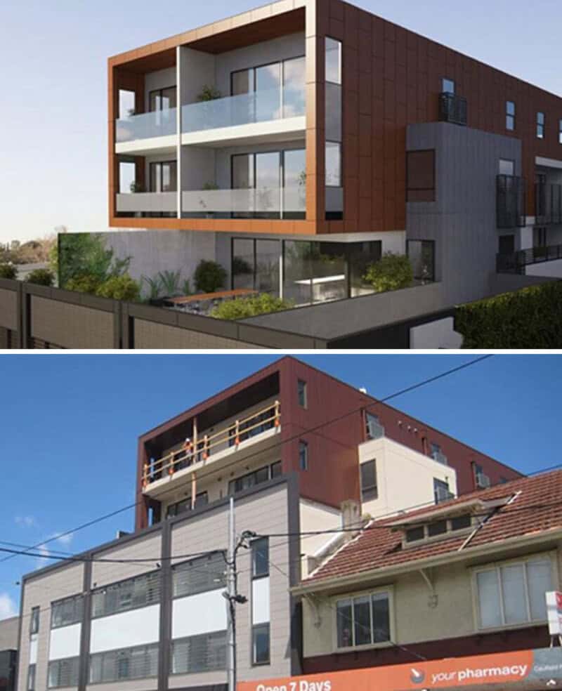 Comparison of modern and old building designs under architecture-design-fail-expectation-reality.
