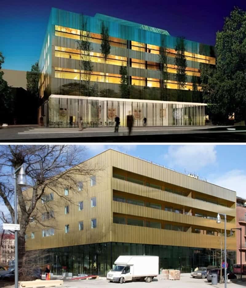 Comparison of two buildings showing design flaws and expectations versus reality.