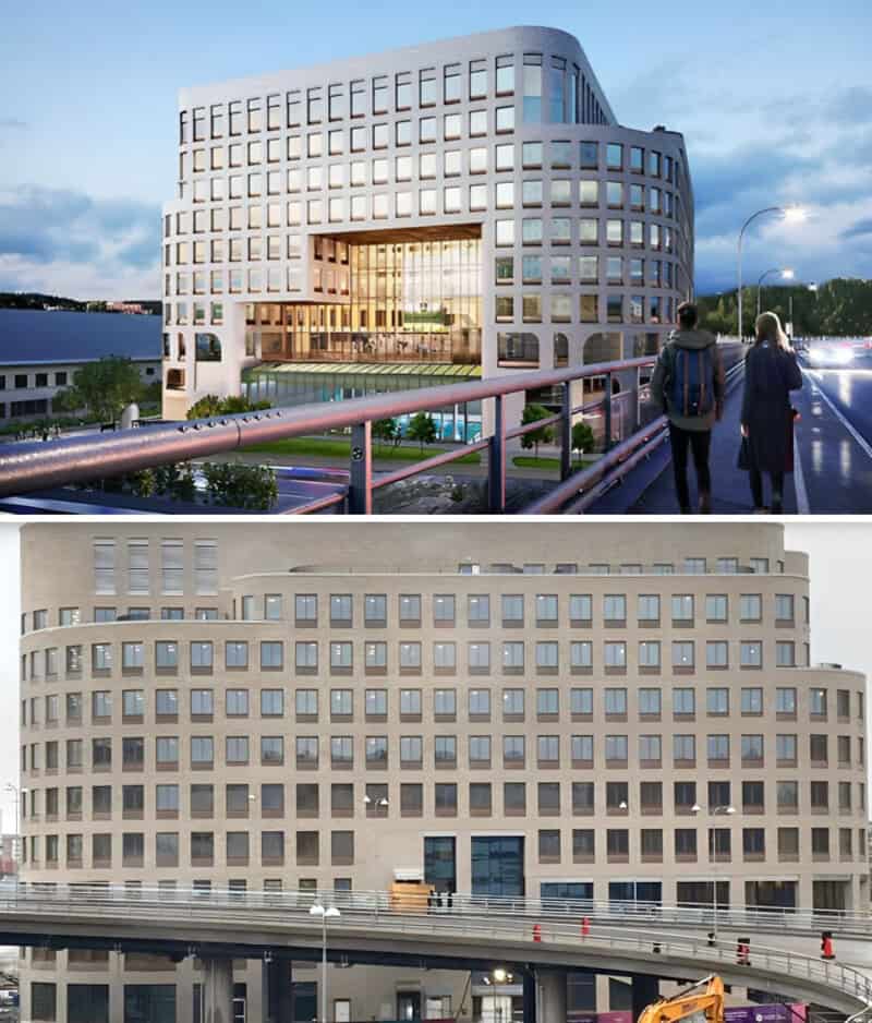Modern building with a large open window and two people walking on a bridge.