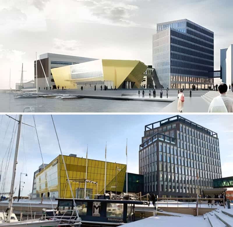 Two modern buildings with unusual shapes near a waterfront, one yellow and one dark gray.