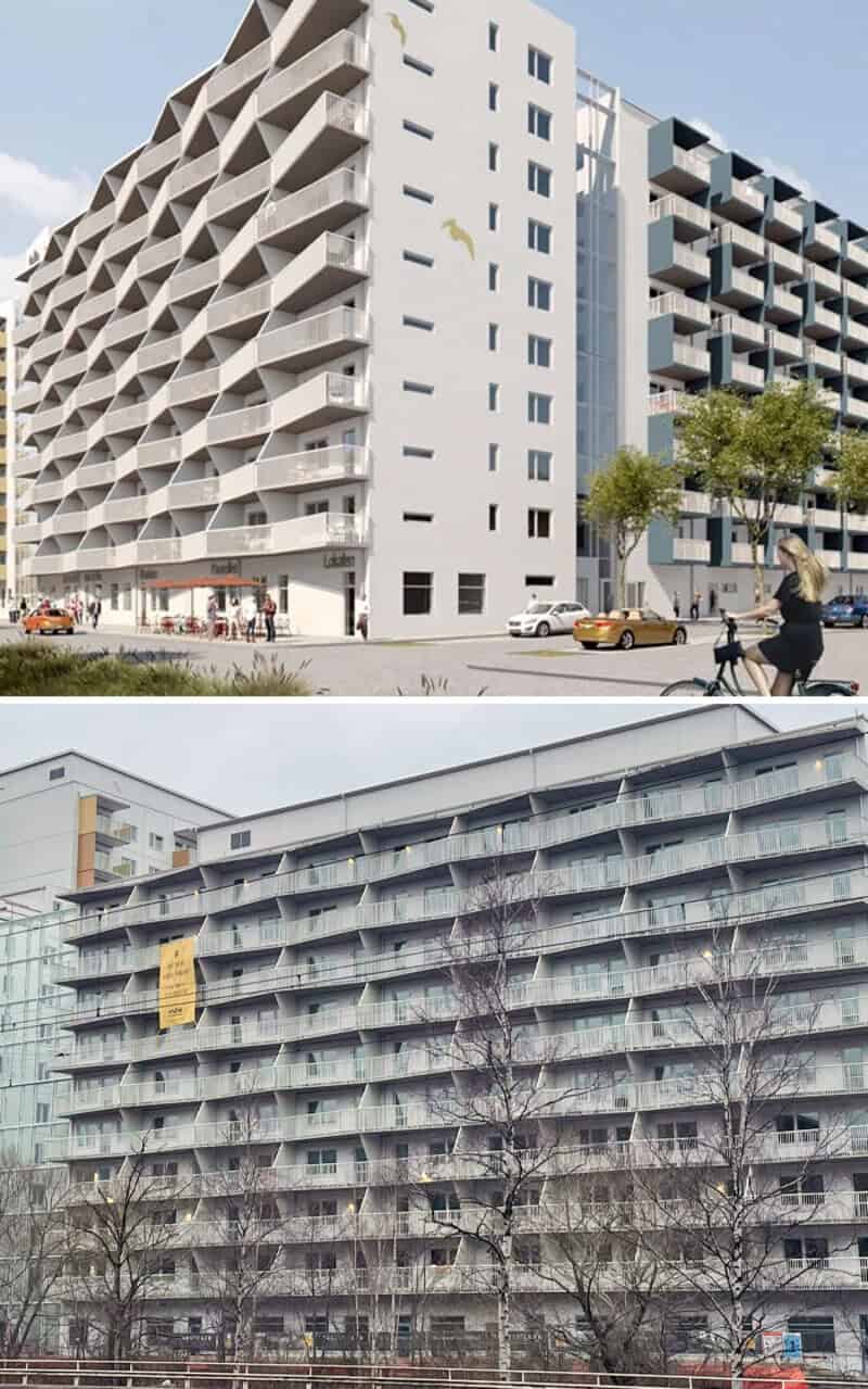 Two modern apartment buildings with contrasting architectural designs.