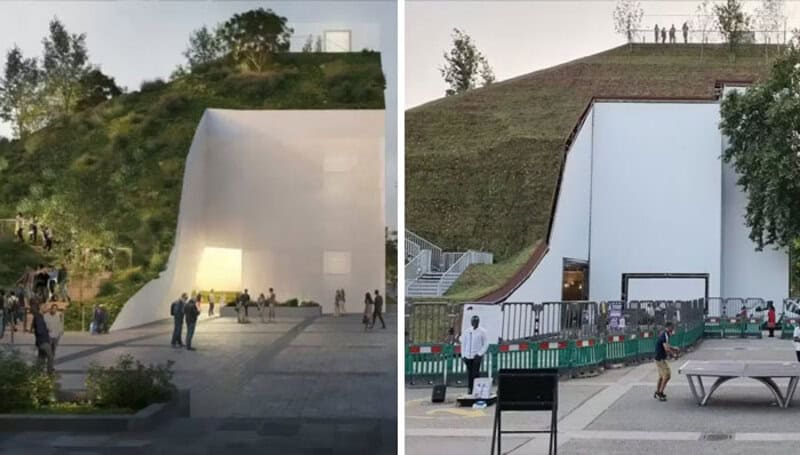 Contrasting architectural designs with a modern white building and a grassy hill.