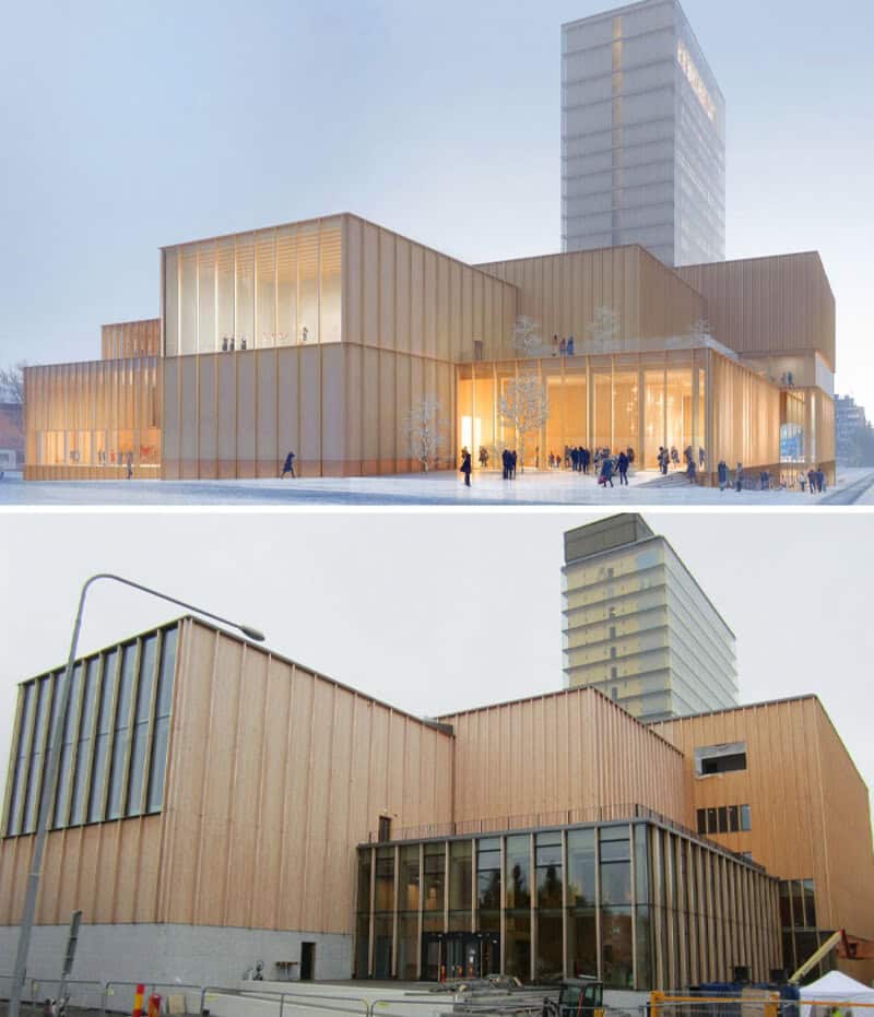 Modern wooden building with glass windows and tall skyscrapers in the background.