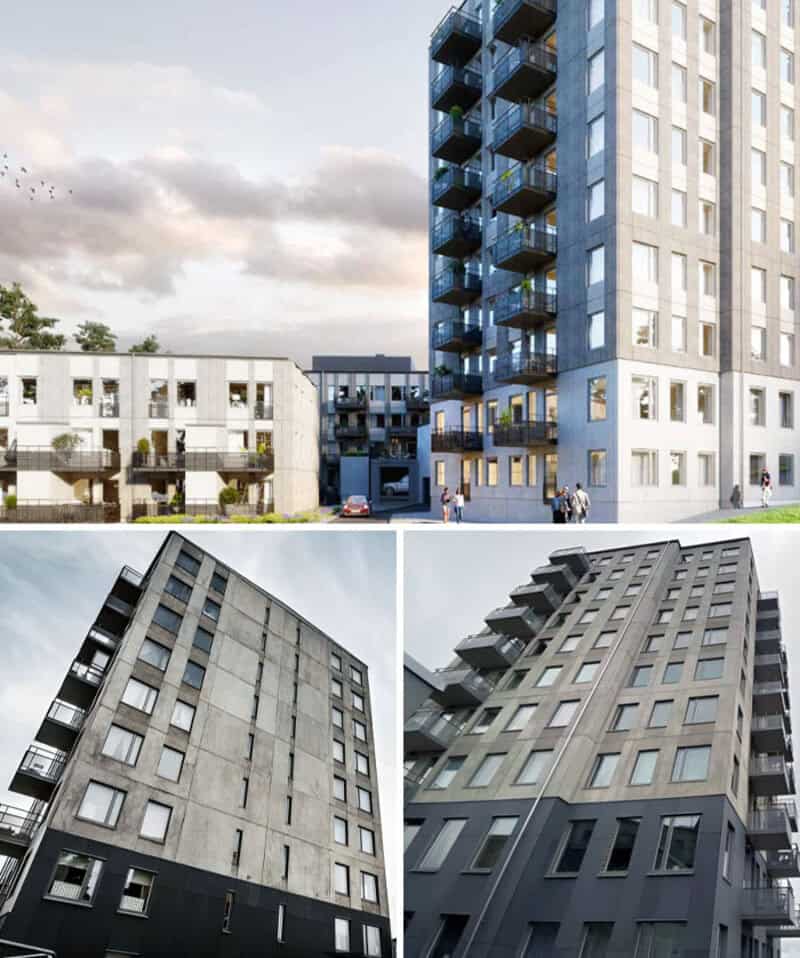 Modern apartment buildings with balconies and large windows under a cloudy sky.