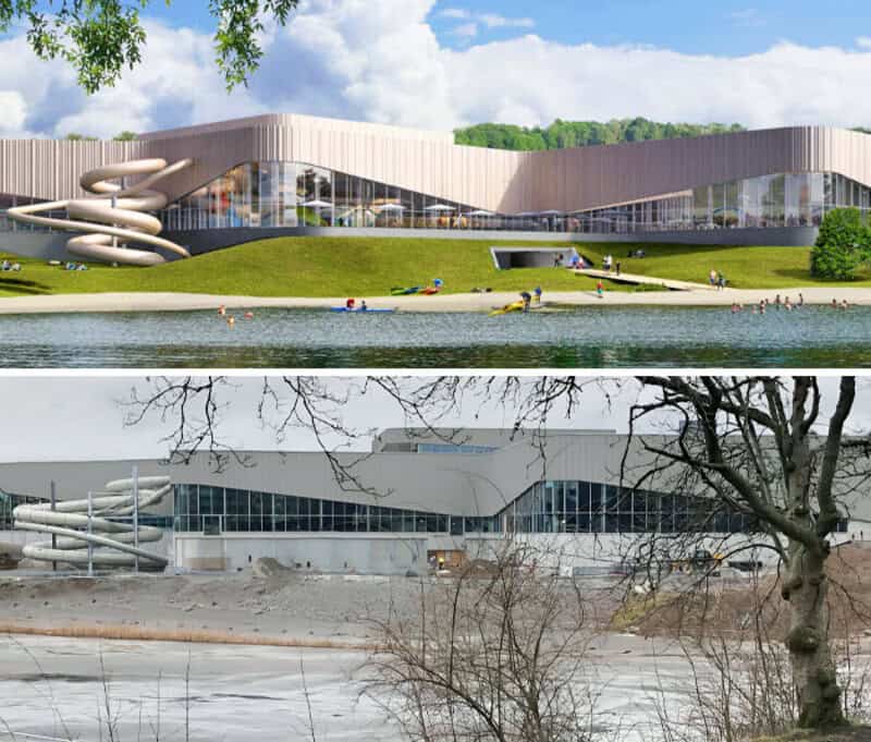 Comparison of a modern, colorful building and a dull, gray building with slides.