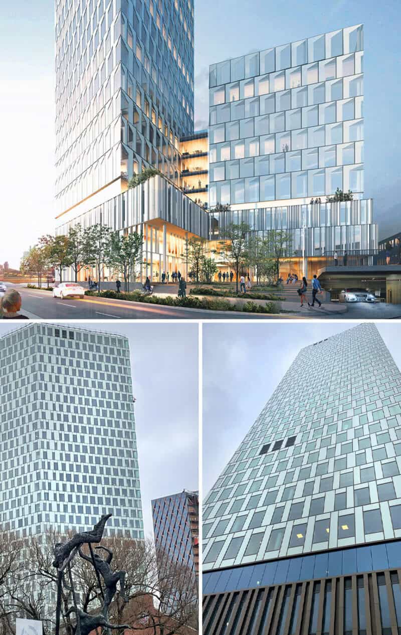Modern glass buildings with unique architectural designs in an urban setting.