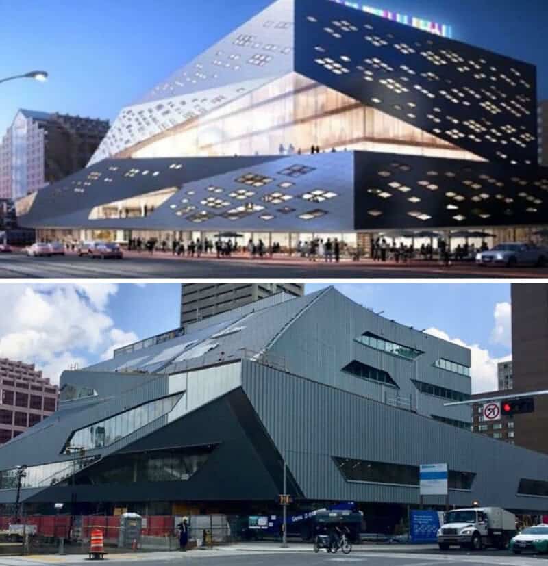 Architectural design fail: modern building with unusual angular structure and perforated facade.