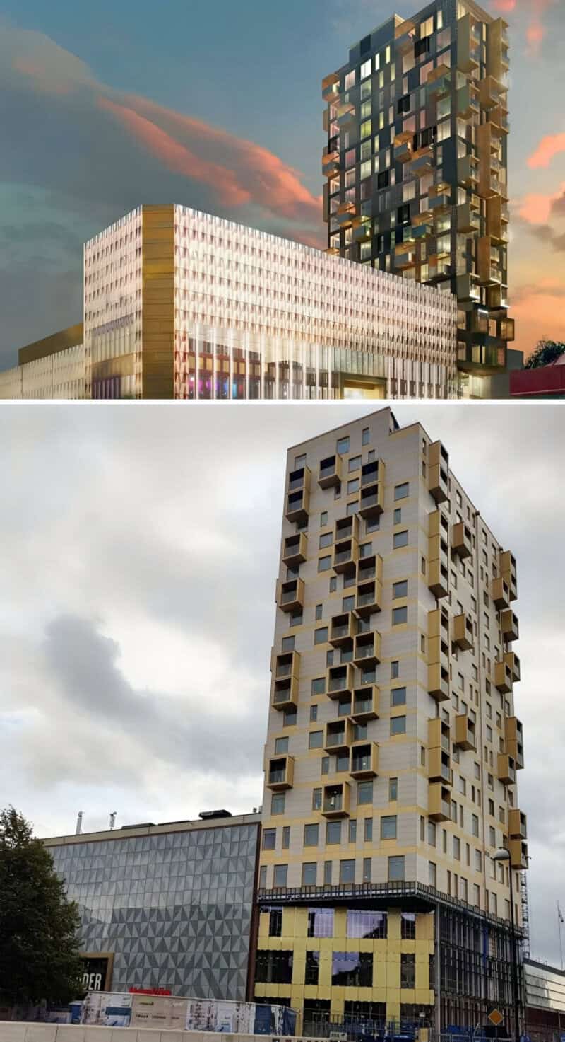 Two modern buildings with unusual, mismatched architectural designs.
