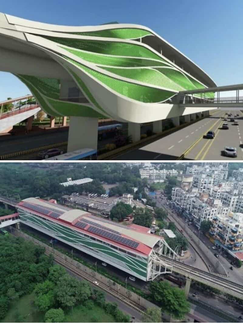 Futuristic green and white building with curved design and elevated walkway.