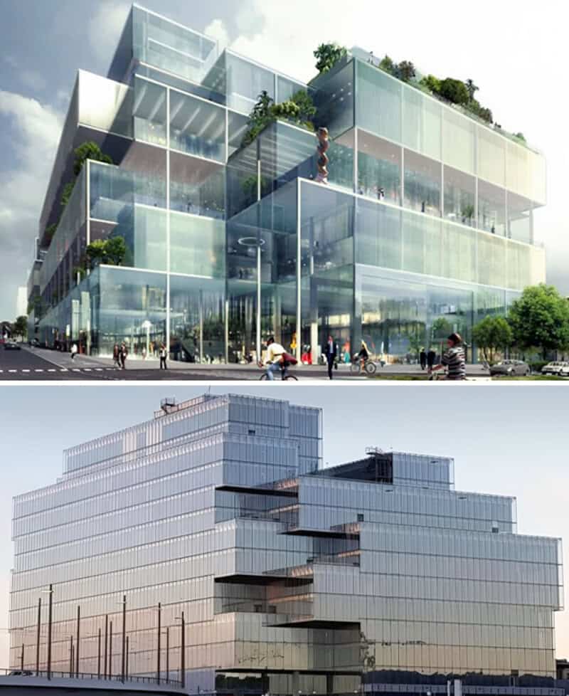 Modern glass building with stacked, offset sections and greenery on top.