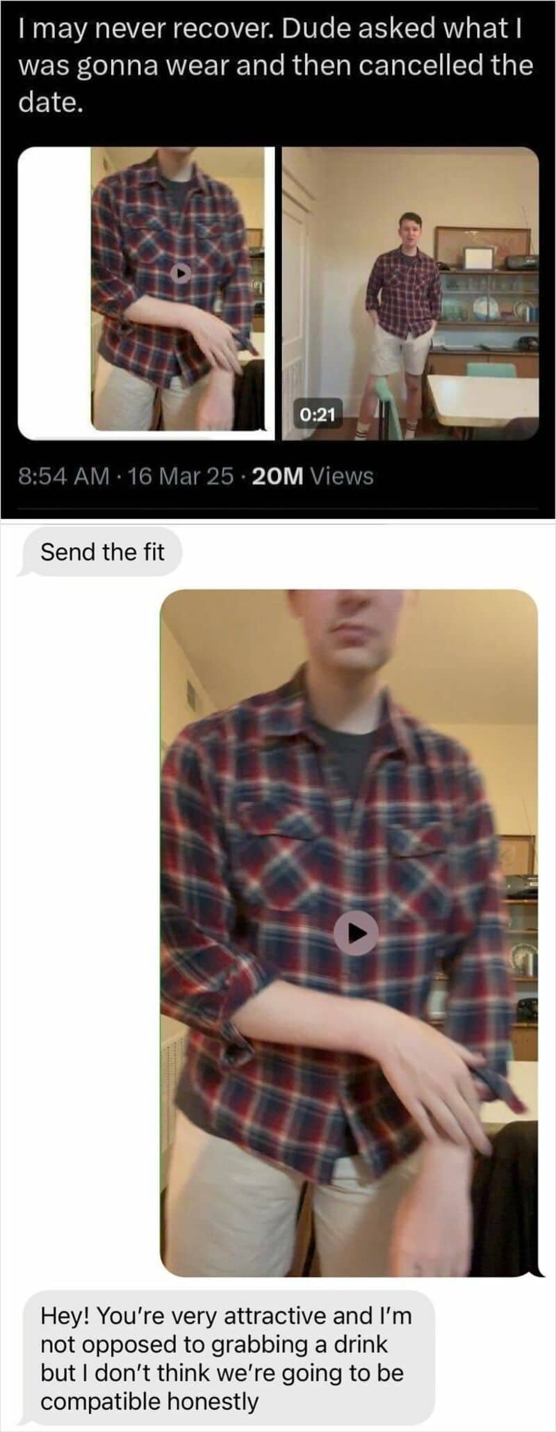 Two images of a man in a plaid shirt, one with a caption about a canceled date, the other with a '送信.
