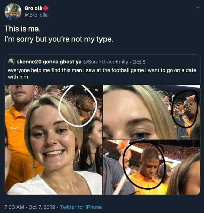 A collage of two photos of a blonde woman at a football game, with circles highlighting a man in the.