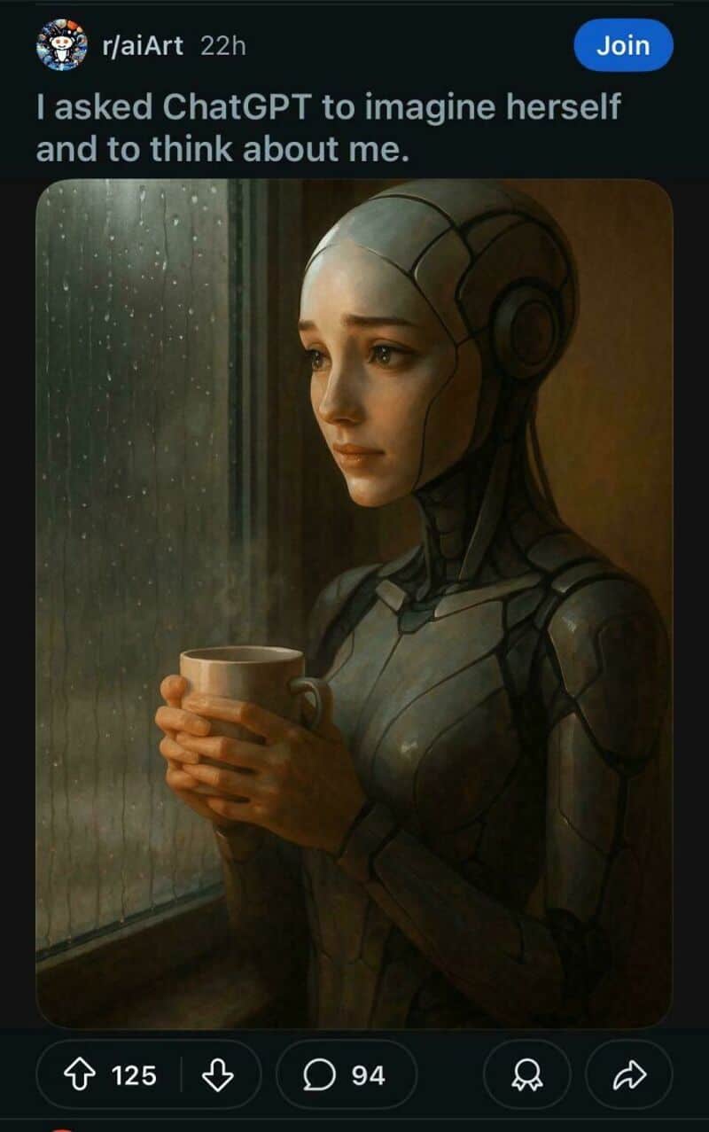 A robot woman gazes out a rain-streaked window holding a mug, looking contemplative.