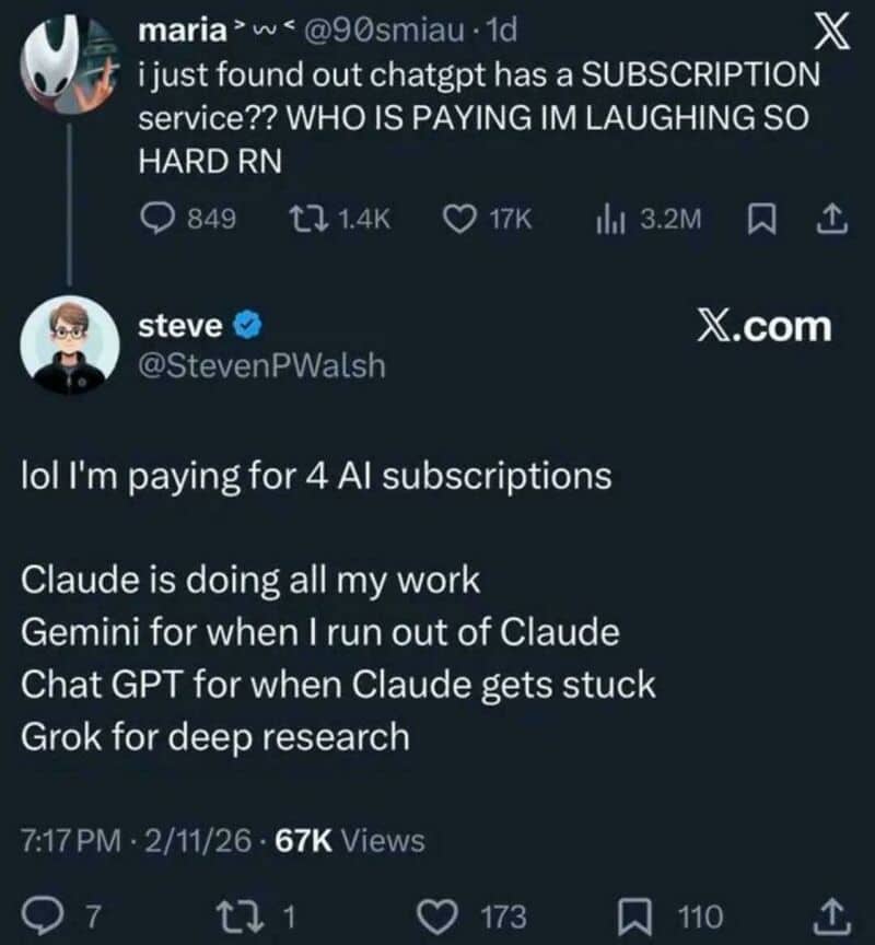 Twitter conversation about ChatGPT subscription services and AI tools.