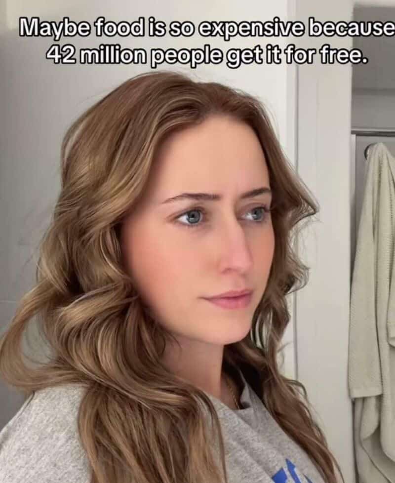 Woman with wavy hair looking to the side, text says food is expensive but 42 million get it free.