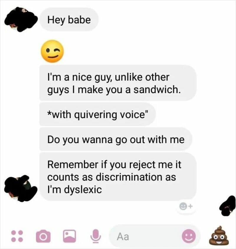 Text message conversation with a man claiming he's nice and making sandwiches, with a humorous tone.