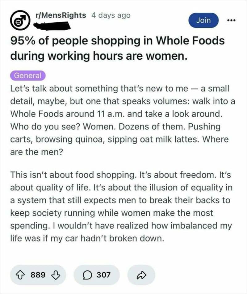 A social media post about women shopping at Whole Foods during working hours.