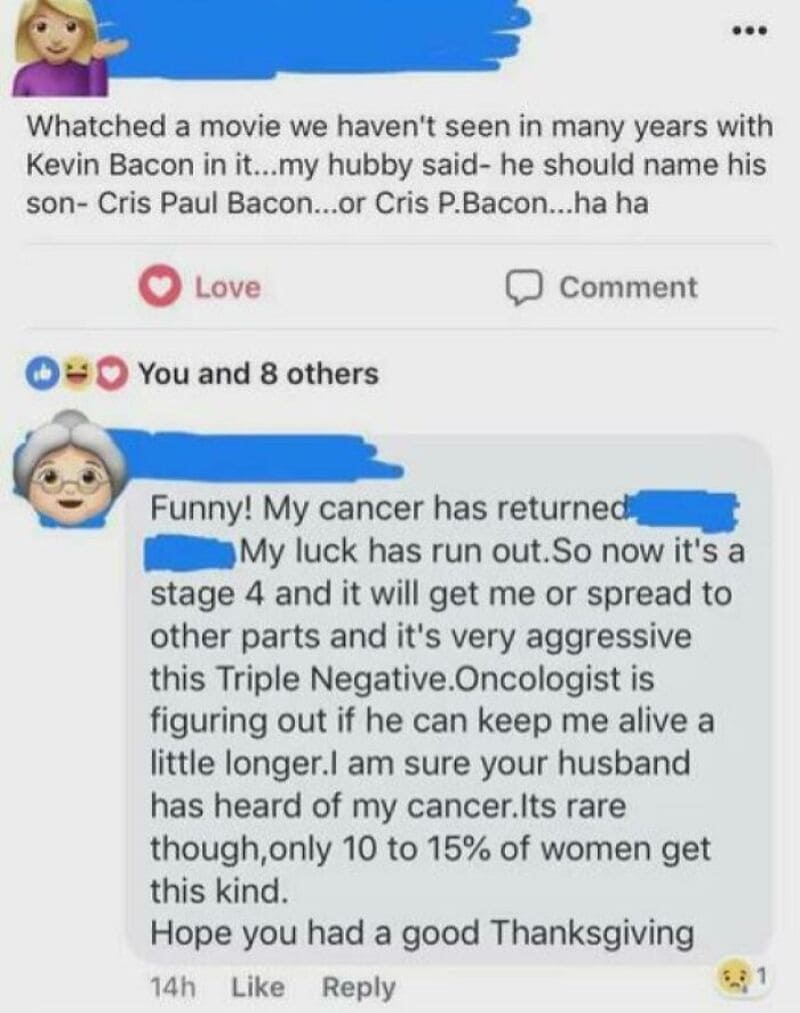Facebook post about cancer returning and husband's reaction, with humorous tone.