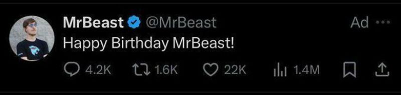 Happy Birthday MrBeast! with 4.2K replies, 1.6K retweets, 22K likes.