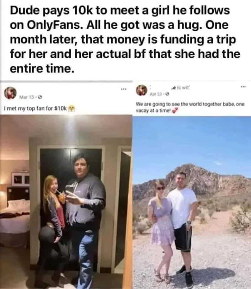 Dude pays 10k to meet a girl he follows on OnlyFans, then funds her trip for her and her bf.