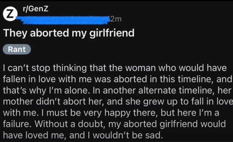 Screenshot of a Reddit post titled 'They aborted my girlfriend' with a rant about love and abortion.