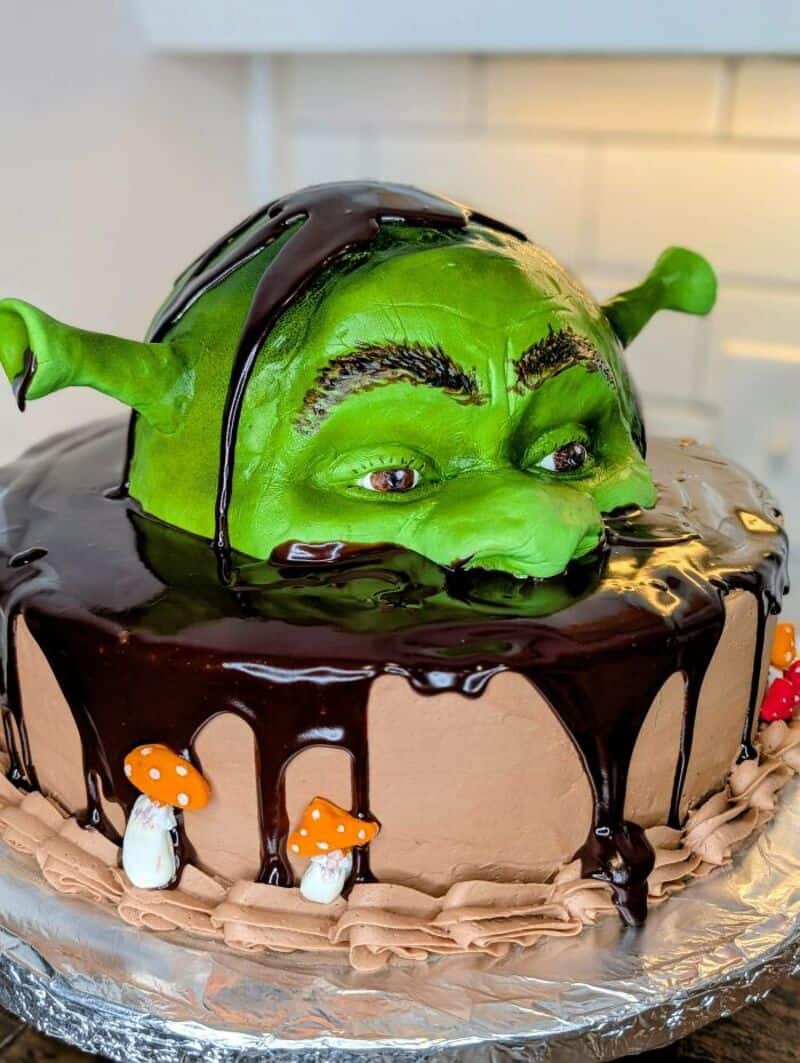 Cake with a green face, black hair, and a chocolate drip, resembling a monster or character.
