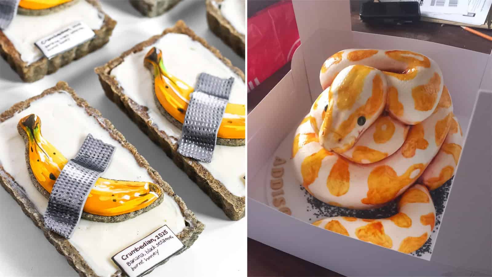 Banana-themed cake slices and a coiled snake with orange spots on a white box.