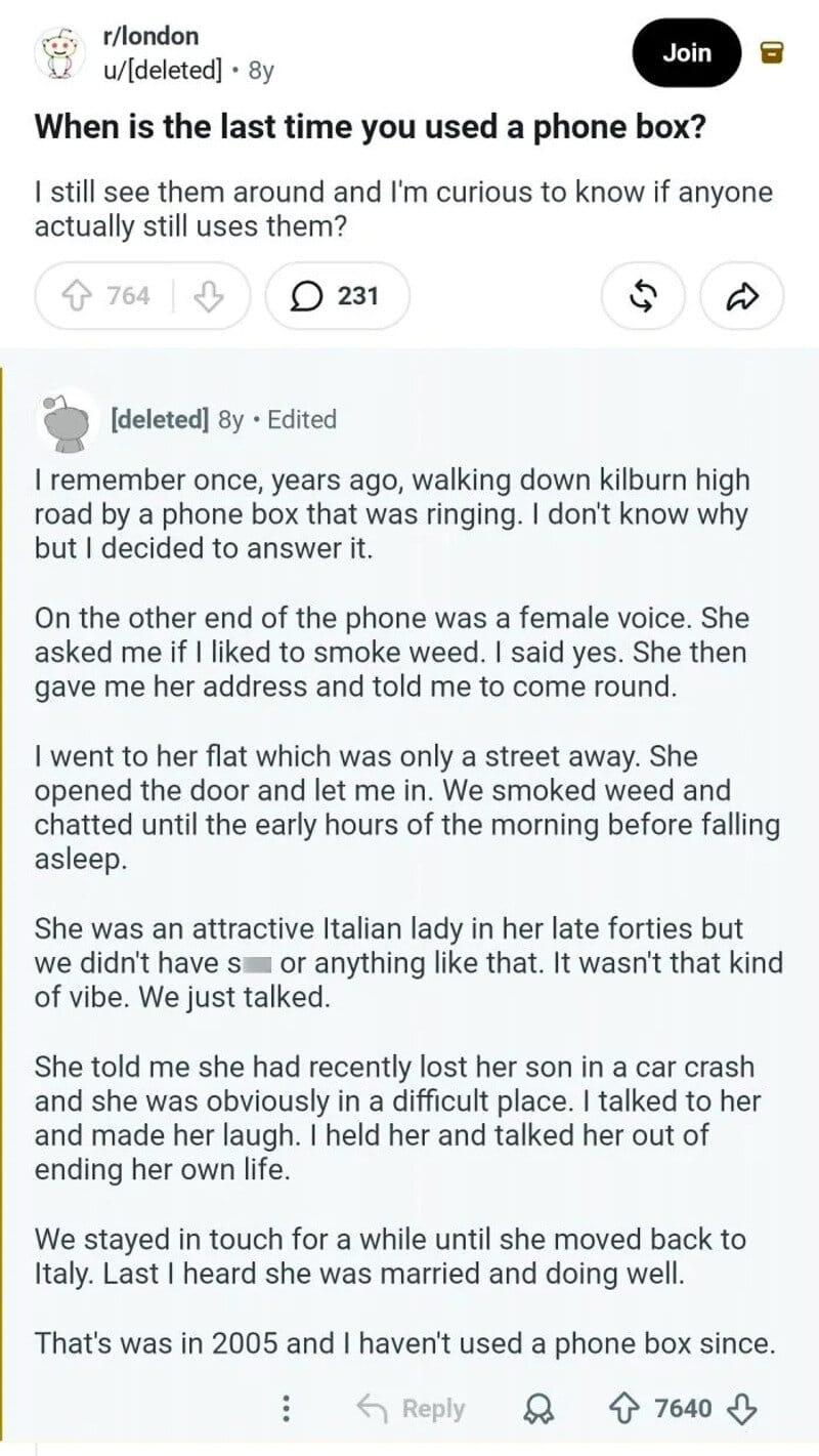 Reddit comment screenshot about a phone box and a personal story.