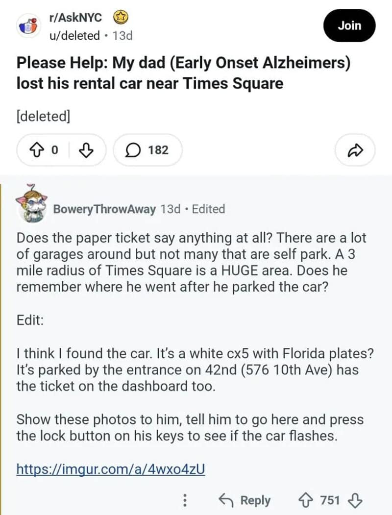 Reddit post about dad with early onset Alzheimer's losing his car near Times Square.