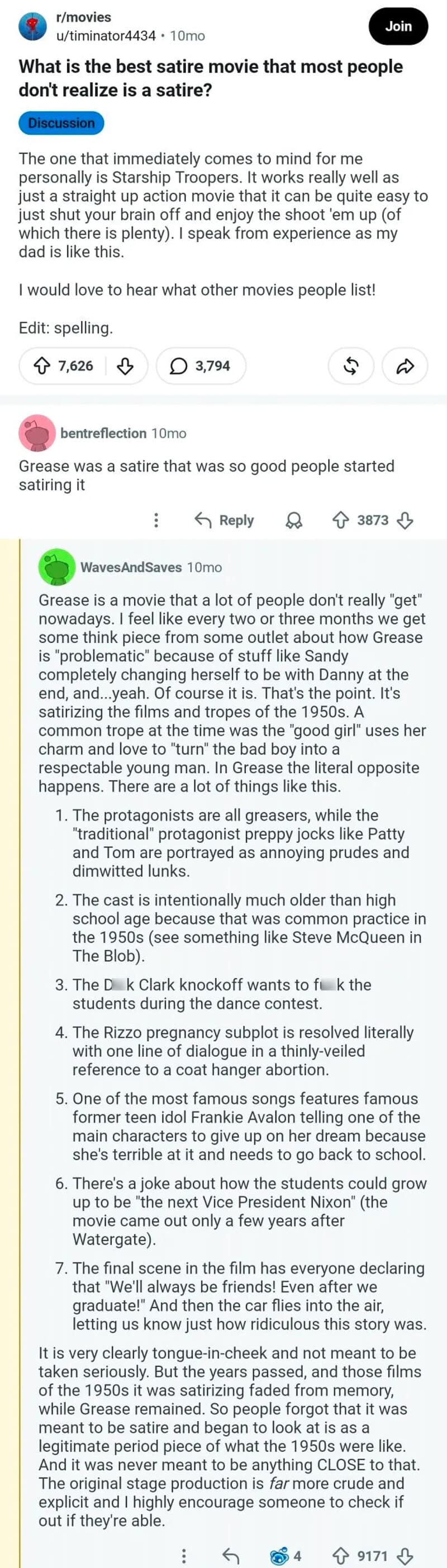 A screenshot of a Reddit comment discussing the movie 'The Last' and its plot.