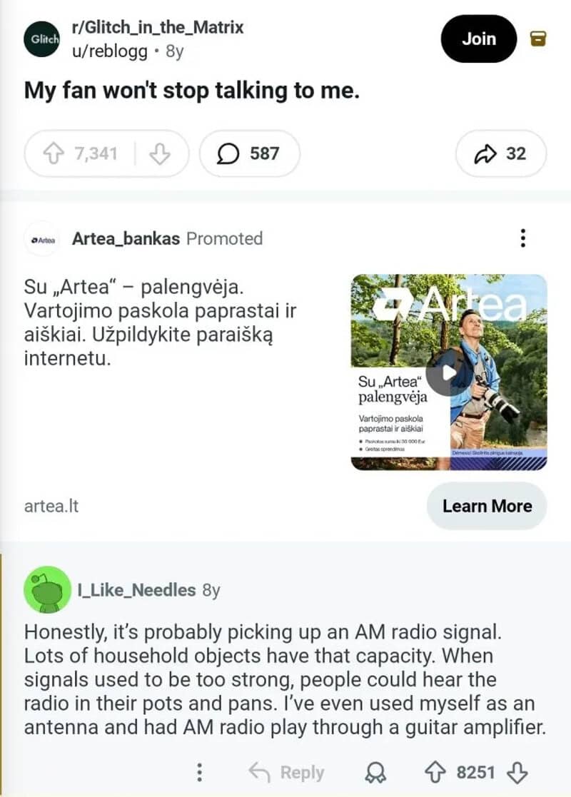 A Reddit post with a meme about a fan not stopping talking, and an ad for Artea internet service.
